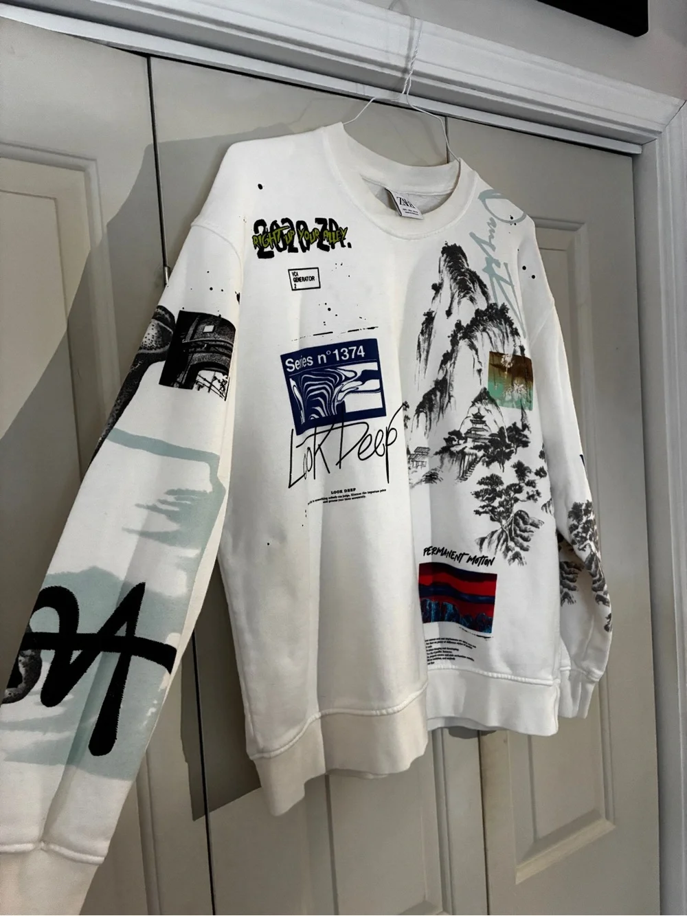 Zara Cream Graphic Crewneck with Multicolor Prints
